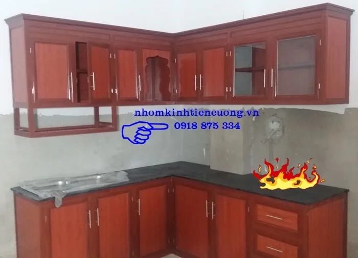 Tủ bếp nhôm kính vân gỗ cực đẹp 2